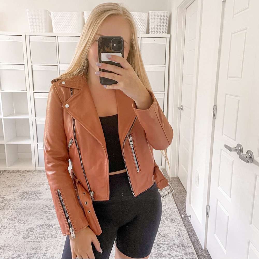 All Saints Balfern Leather Biker Jacket Rose Wood